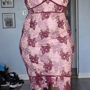 Luxe Burgundy and Pink Lace Midi Dress